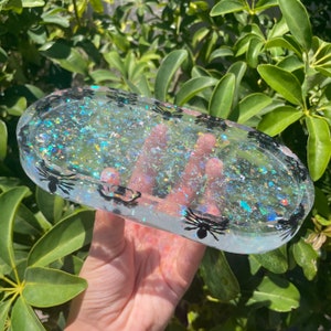 Spooky Glitter Spider Resin Rolling Tray | Cute Halloween Themed Ash Tray Gift for Smoker | Jewelry Ring Dish Decor