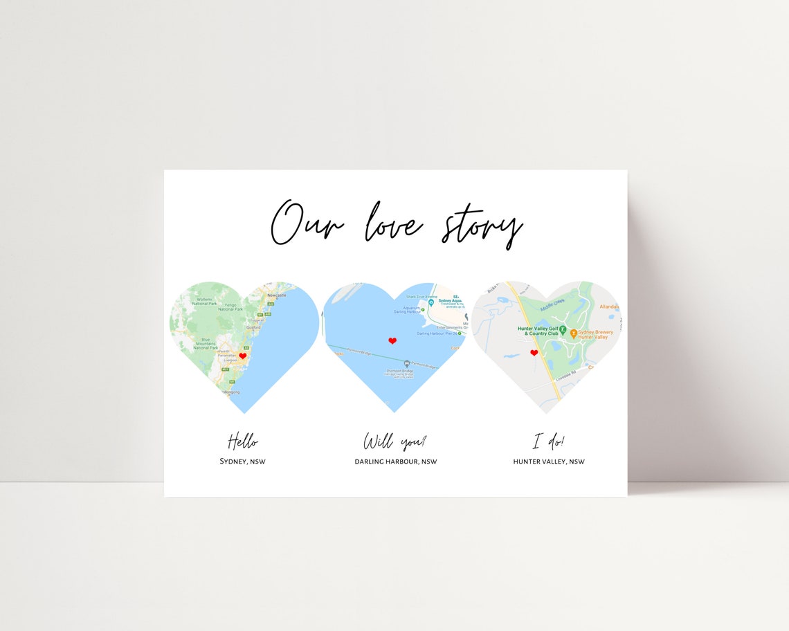 Personalised Love Story Map Print A3/A4 Framed &amp; Unframed Print Love ...