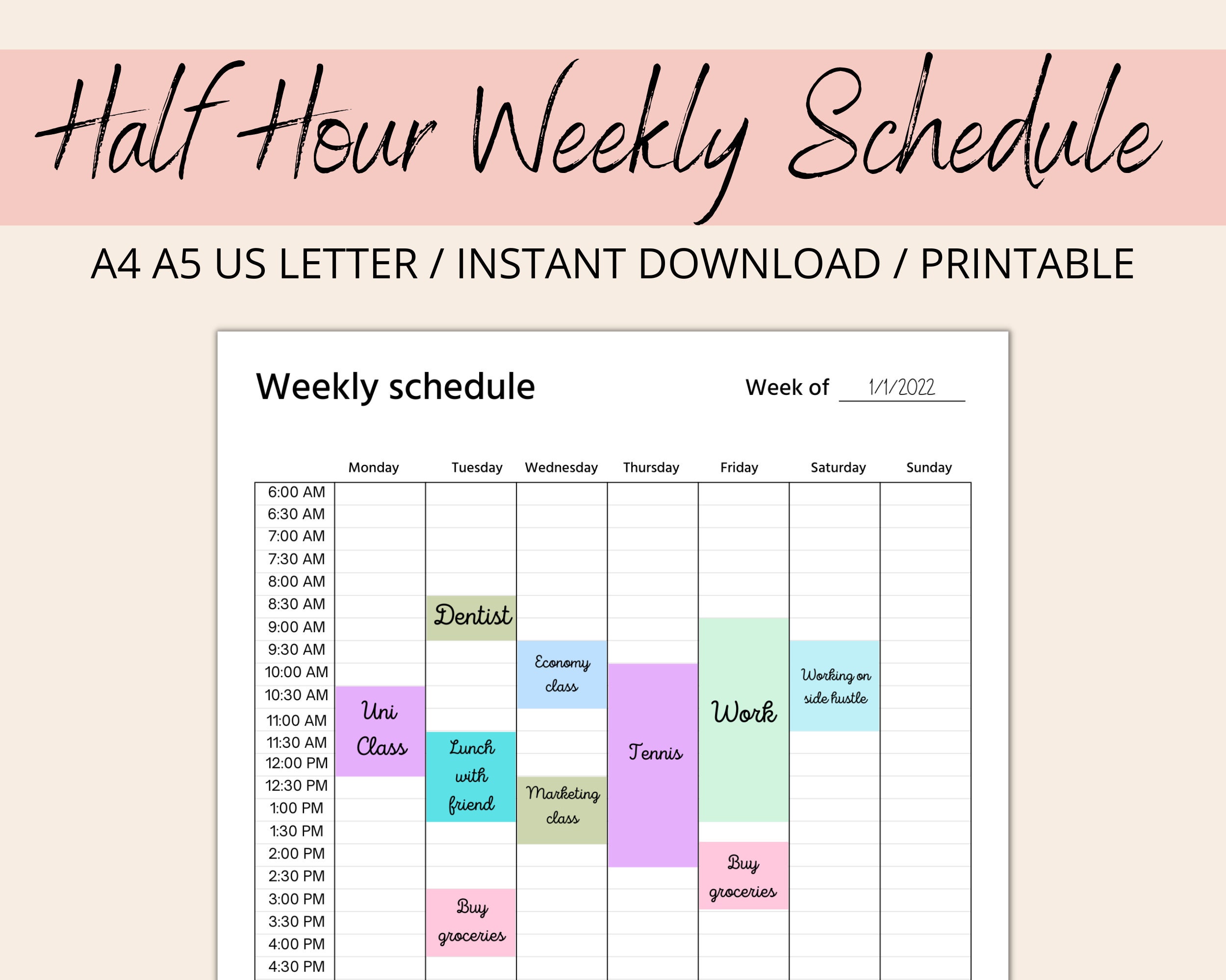 Half Hour Weekly Schedule Printable