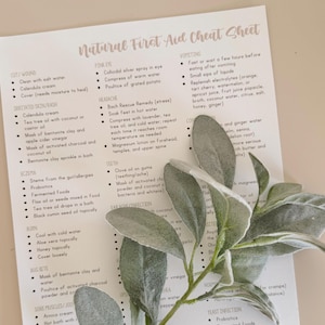 May include: A white sheet of paper with a list of natural first aid remedies for common ailments. The list includes remedies for cuts, wounds, irritated skin, eczema, pink eye, headaches, vomiting, teeth, ear infections, burns, bug bites, sore muscles, and yeast infections.
