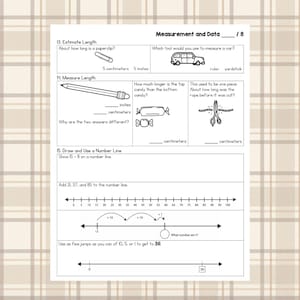 Peut inclure: Une feuille de travail noir et blanc avec le titre "Mesure et données" et plusieurs problèmes de mathématiques impliquant la mesure de la longueur, l'utilisation d'une ligne numérique et l'estimation de la longueur. La feuille de travail comprend des images d'un trombone, d'une voiture, d'un bonbon, de ciseaux et d'une ligne numérique.