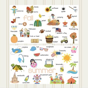 May include: A colorful educational poster featuring illustrations and words associated with the seasons of fall and summer. The fall section includes a scarecrow, pumpkin, and leaves. The summer section includes a sun, beach, and ice cream.