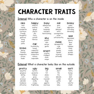 May include: A printable chart with a list of character traits divided into two categories: Internal and External. The Internal category lists words describing personality traits such as nice, happy, busy, evil, bossy, shy, mean, smart, brave, and fair. The External category lists words describing physical appearance such as pretty, ugly, big, small, and soft.