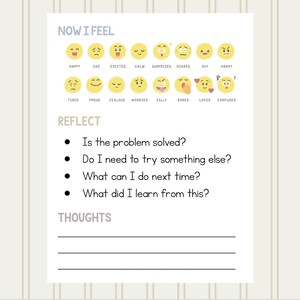 K&ouml;nnte beinhalten: Ein wei&szlig;es Blatt mit der Aufschrift "NOW I FEEL" und einer Reihe von Emoji-Gesichtern, die verschiedene Emotionen darstellen. Darunter befinden sich Reflexionsfragen und Platz f&uuml;r Gedanken.