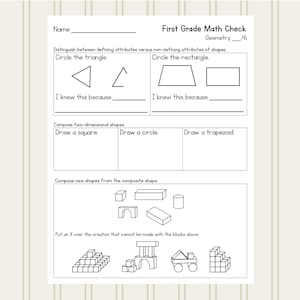 May include: A printable worksheet for first grade math students. The worksheet includes a geometry section with instructions to circle the triangle and rectangle, and to draw a square, circle, and trapezoid. The worksheet also includes a section on composing new shapes from composite shapes.