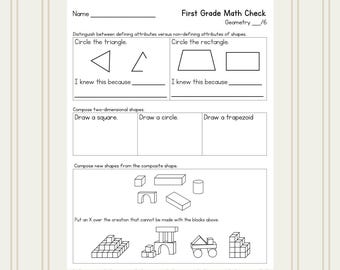 Op de afbeelding: Een printbaar werkblad voor leerlingen van de eerste klas. Het werkblad bevat een geometriegedeelte met instructies om de driehoek en de rechthoek te omcirkelen, en om een vierkant, een cirkel en een trapezium te tekenen. Het werkblad bevat ook een sectie over het samenstellen van nieuwe vormen uit samengestelde vormen.