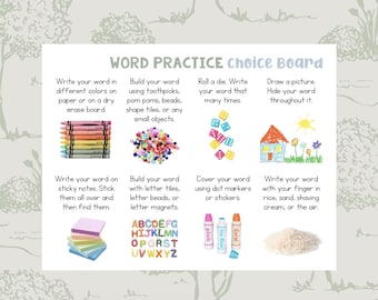 Word Practice Choice Board - Sight Words - Spelling List - High Frequency Words - Heart Words - Kindergarten - Elementary - Homeschool