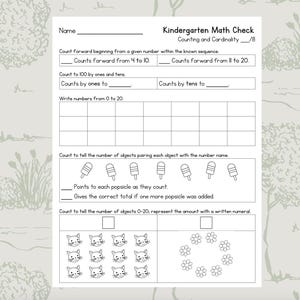 Pode incluir: Uma folha de trabalho imprimível em preto e branco para alunos do jardim de infância para praticar a contagem e a cardinalidade. A folha de trabalho inclui contar para frente a partir de um determinado número, contar de um em um e de dez em dez, escrever números de 0 a 20 e contar objetos.