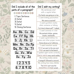 May include: A printable worksheet with a checklist for editing writing. The checklist includes items like using capital letters, ending punctuation, and quotation marks. The worksheet also includes a section for checking if all parts of a paragraph are included, such as a topic sentence, details, and a closing sentence.