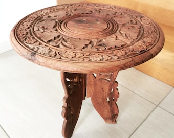 Table basse ethnique indienne - Tabouret porte-vase en bois sculpté à la main