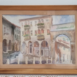 Quadro vintage con palazzi e portici veneziani attribuito a "Fuzetti", Italia, acquerello su carta.