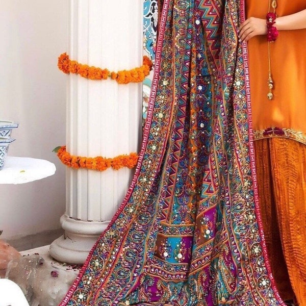 Shanaz Silk phulkari with Real Mirror dupatta/mirror,  sequins Dupatta/Silk/Scarf/Embroidered/Indian/Traditional/Multicolor