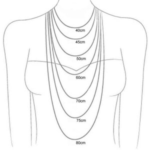 May include: Diagram showing different necklace lengths in centimeters, from 40cm to 80cm, on a model's neck.