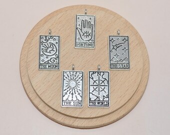 Silver tarot pendant, sun, moon, world, fortune, silver star charm for jewelry creation