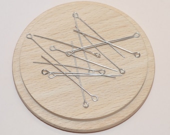 Set of 20 silver stainless steel eye pins, 50mm, for jewelry making