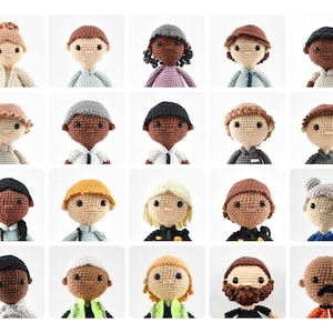 May include: A collection of 20 crocheted dolls with various hairstyles, clothing, and facial features. The dolls are all smiling and have a friendly appearance.