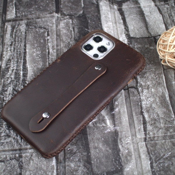 Leather Handholder Leather iPhone 15 Pro Max/15 Plus/14 Pro/14 Pro Max/14 Plus/13 Pro Max/12 Case Customized Gift Full Grain Leather Brown