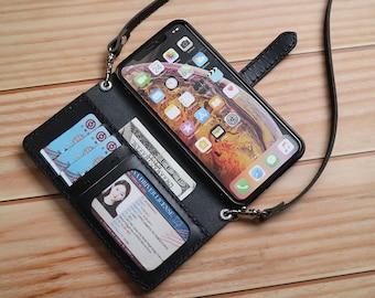 Crossbody Leder Handytasche iPhone 16e 15 Pro Max/15 Plus/14 Pro Max/14 Plus 13 Pro Ledertasche Ledertasche Wallet Case Falten Handpunziert Monogram Schwarz