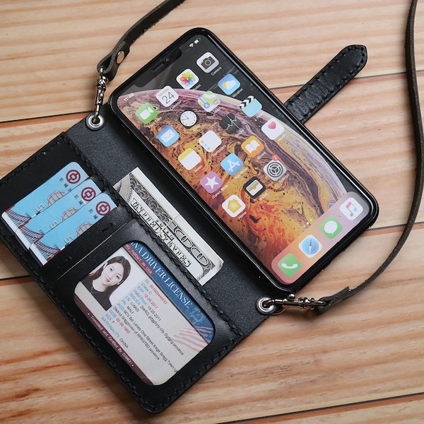 Crossbody strap Genuine Leather iPhone 15 Pro Max/15 Plus/14 Pro Max/14 Plus 13 Pro Max/13leather wallet case Fold Handtooled Monogram Black