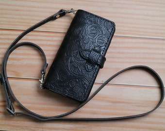 Crossbody strap Tooled iPhone 16e 15 Pro Max 15 Plus 14 Pro Max 14 Plus 12 13 Pro Max leather wallet case Hand Holder Handmade Custom Black
