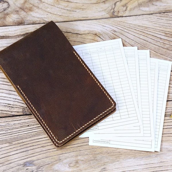 Personalized Vintage brown leather golf scorecard holder cover, custom leather yardage book cover holder