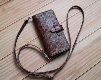 Crossbody strap Full Grain Leather iPhone 16e 15 Pro Max/15 Plus/14 Pro Ma/13 Pro/14 leather case wallet Hand Stitched Customized Chocolate