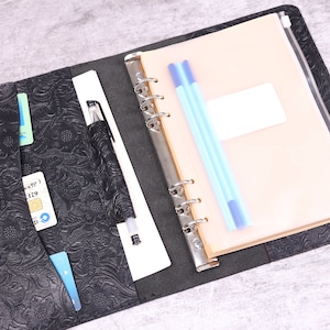 Couro em relevo Tamanho A5/A6 6 anéis Pasta de planejador recarregável de couro, diário de viajantes, caderno de desenho, couro trabalhado em relevo, preto,#HY6-2