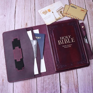 Handgemaakte premium paars lederen KJV Heilige Bijbel, Bijbelboekenkoffer met ruime opbergruimte, veilig ritsvak en elastisch handvat 10PAWSJ