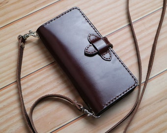 Crossbody strap Hand Stitched iPhone 15 Pro Max 15 Plus 14 14 Pro Max 14 Plus 13Pro wallet case leather Customized Personalized Men Chestnut