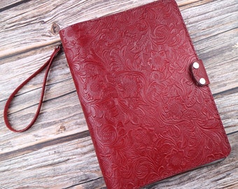 Personlised Cover Leather RHODIA notebook cover Portfolio A5 size/5.8x8.3 »,A5+ size 16x21cm/.3 x 8.3 inch Wristlet Embossed leather Cherry
