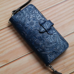 Tracolla personalizzata Sansung Galaxy Z Fold Special Z Fold6 Z Fold5 portafoglio in pelle Uomo Monogramma Pelle Personalizzato Blu Scuro