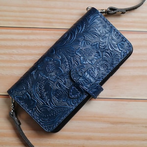 Correa bandolera Cuero iPhone 16e 16 15 Pro Max 15 Plus 14 14 Pro Max/14 Plus/13 Pro Max/13 mini/12/12 Pro/12 mini Funda Billetera Azul Oscuro