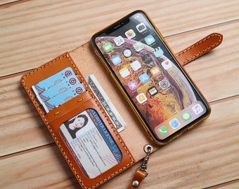 Wristlet Handmade Leather iPhone 15 Pro Max 15 Plus 14 Pro Max leather case wallet Tooled Leather Personalized Full Grain Leather Yellow