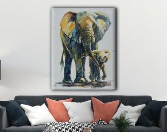 Large wall art, Acrylic on canvas art hand painting , Living room décor - Elephant Mom with Baby