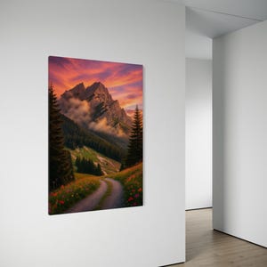 風景画、ピンクのアウトドア風砂利道ポスター、緑、花の風景画、夕焼けの山々、ピンクと紫の空、木のアート