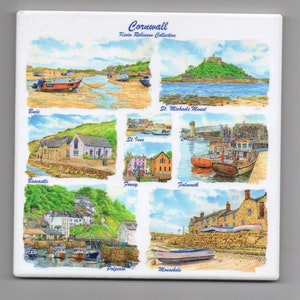 May include: A colourful illustration of different towns and harbours in Cornwall, England. The illustration is divided into nine squares, each depicting a different location. The locations are: Bude, St. Ives, St. Michaels Mount, Boscastle, Fowey, Falmouth, Polperro, and Moushole.
