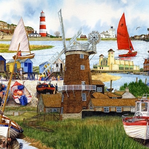 May include: A watercolor painting of a coastal scene with a windmill, lighthouse, and boats. The windmill is brown with white sails and is located on a grassy hill. The lighthouse is red and white and is located on a rocky cliff. There are several boats in the water, including a red sailboat with the word "Molly" on the sail.