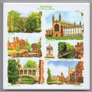 May include: A collage of watercolour paintings depicting various landmarks in Cambridge, England. The images include Kings College, The Backs, Magdalene College, Trinity, Mathematical Bridge, The Bridge of Sighs, and Kings Parade.
