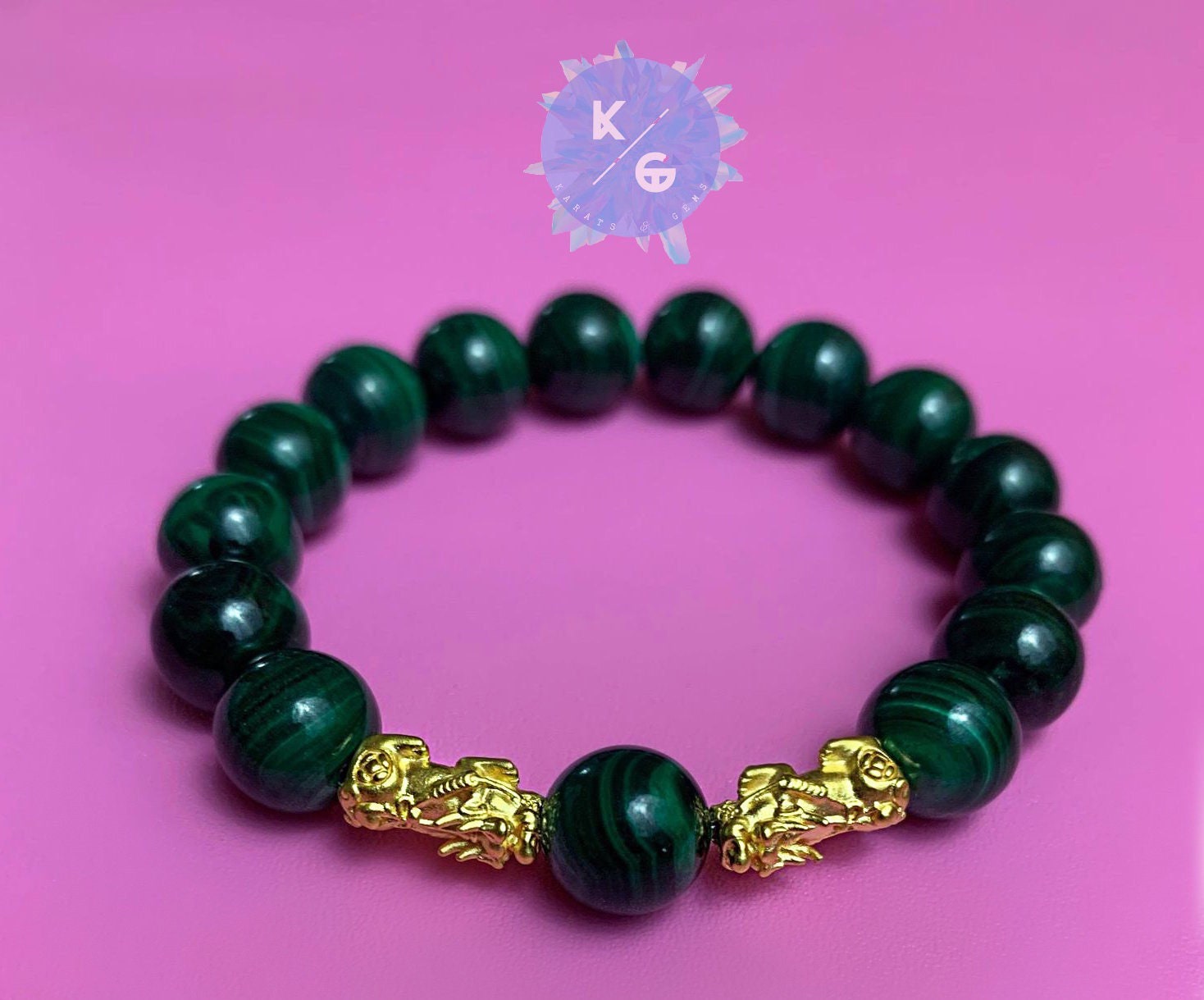 Two Pure 24K Yellow Gold Piyao with Genuine Malachite Bracelet Etsy