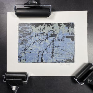 Bricks and Vines in Blue | 5x7 Monoprint Photography | Mixed Media Photo Art