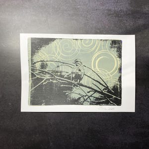 Song Sparrow Swirls in Gray Green | 5x7 Monoprint Photography | Mixed Media Photo Art