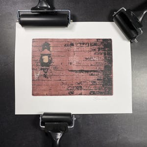 Urban Lamp and Bricks | 5x7 Monoprint Photography | Mixed Media Photo Art