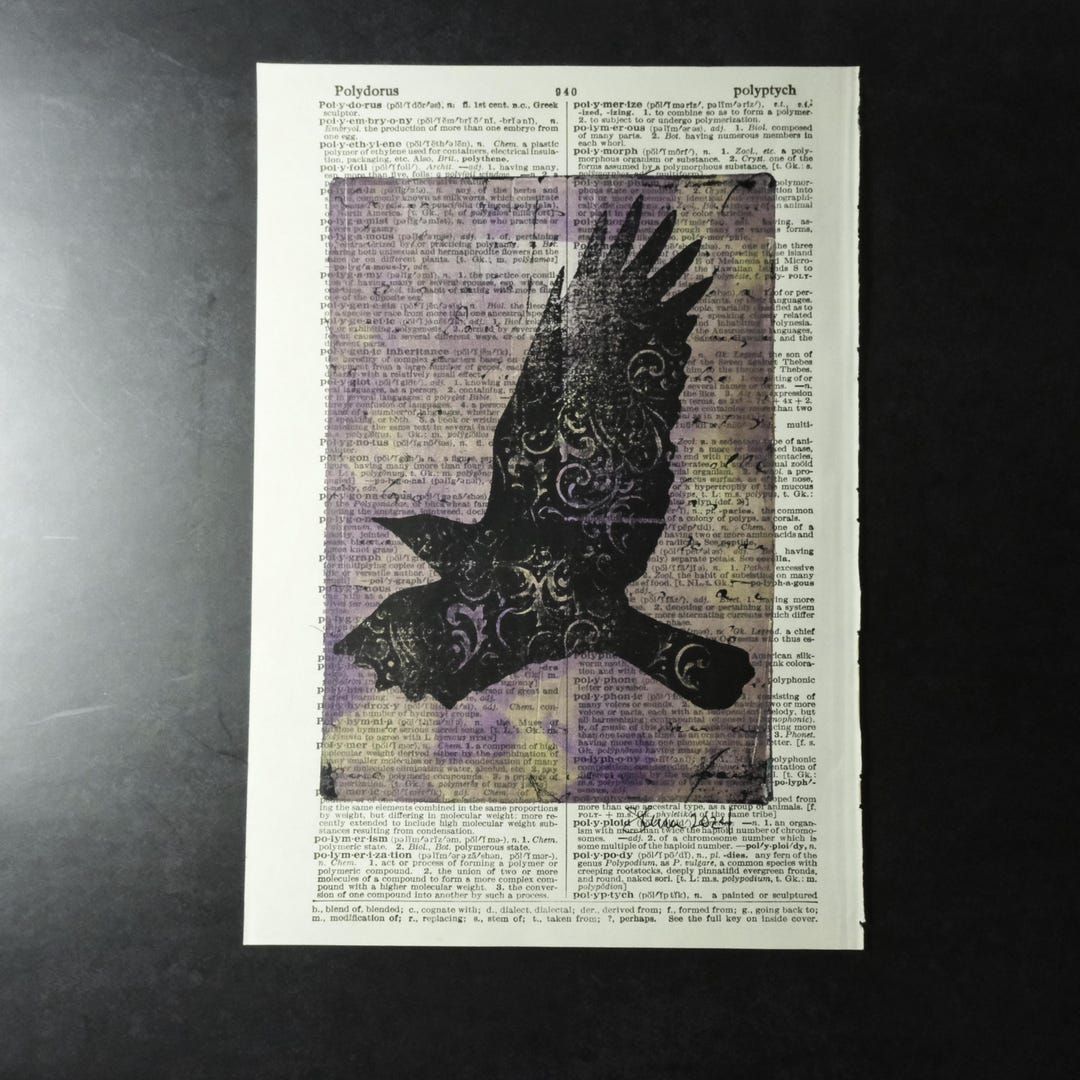 Flying Crow Dictionary Page Art | 5x7 Monoprint Photography | Mixed ...