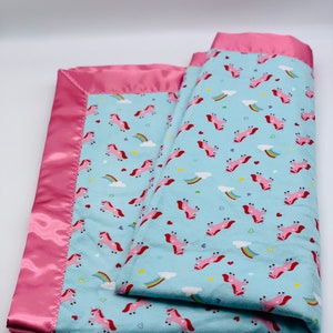 Rainbows, Unicorn, chevron Flannel Blanket with Satin Trim 40x40 for Infant, Toddler, Pink, Baby Shower Gift, Security Blanket, Personalize