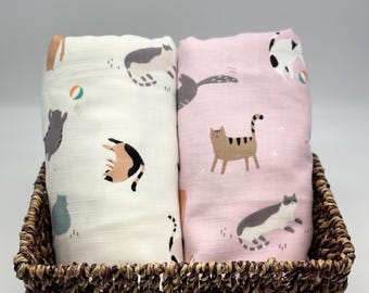 XL 100% Cotton Newborn lightweight Swaddle Blanket, Gauze, Muslin Blanket, Cat themed, Summer Blanket, Breathable, 3 layers