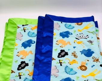 Baby Zoo Animals Flannel Blanket with Satin Trim, 40x40 for Infant, Toddler, Baby Boy, Receiving blanket, Zoofari, Lions, Zebras