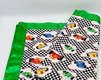 Race Car Flannel Baby Blanket: Geometric Print, Satin Trim