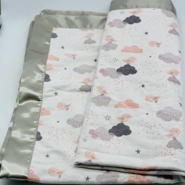 Birdies in Clouds, Polka Dot Doubled Sided Flannel Blanket w/ Satin Edge,  40x40, Infant, Toddler, Baby Blanket, CottonloverEst2021.etsy.com