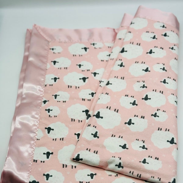 Sleeping sheep, Bah Flannel Blanket with Satin Trim 40x40 for Infant/Toddler/Baby, Receiving Blanket, Personalize, Boy, Girl