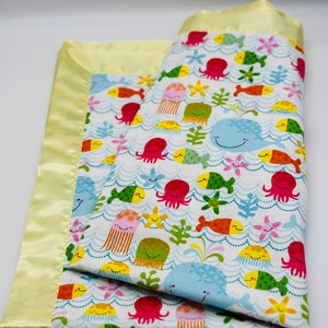 Under the sea and Anchor Flannel Blanket with Satin for Infant, Toddler Baby sea creatures Receiving Blanket Unisex baby gift Customizable